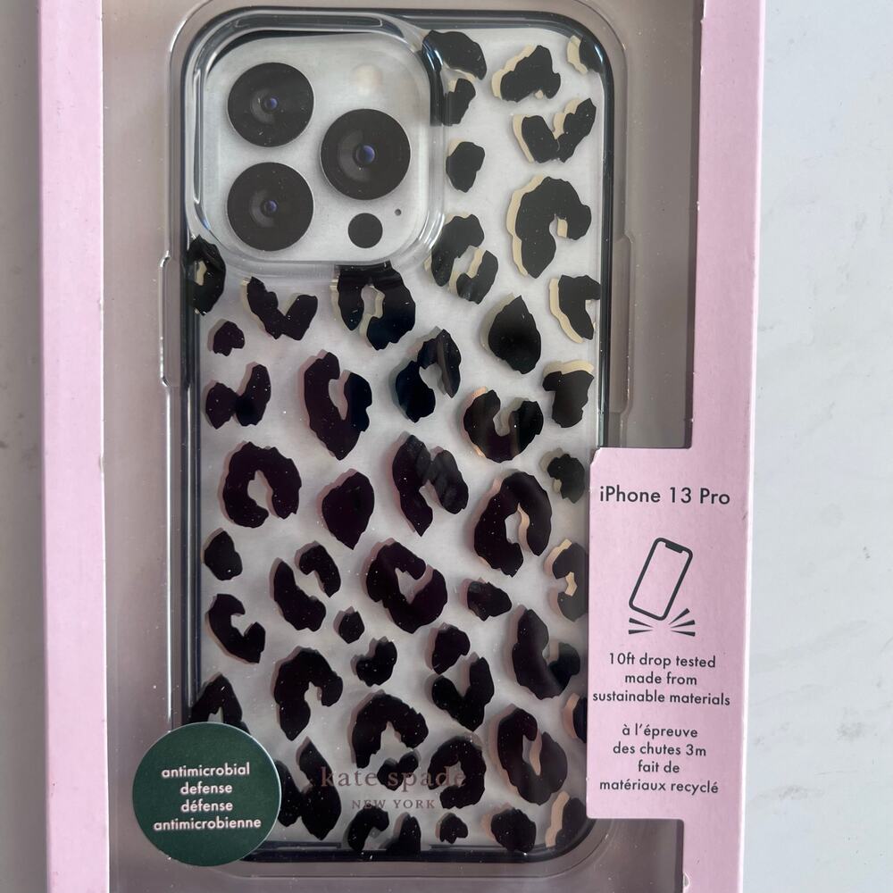 Kate Spade iPhone 13 Pro Phone Case Clear Black Gold Leopard Print New - Picture 3 of 5